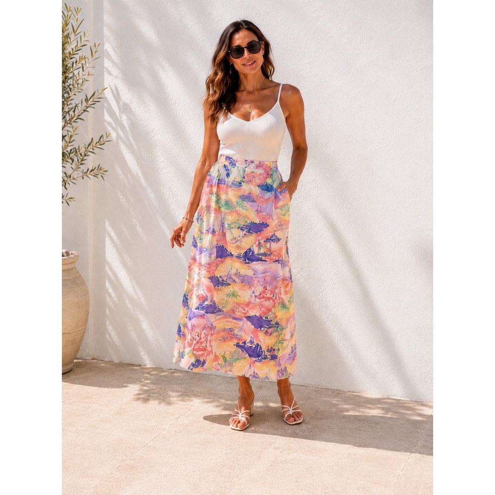 Vintage Bushwacker Scenic Harbor Sailboat Palm Tree Midi Skirt Women's 12 Lined